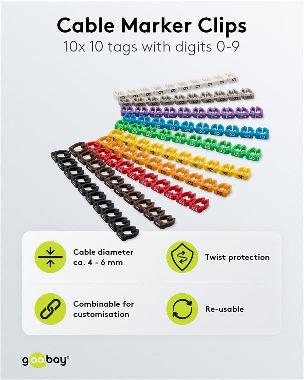 Kabelmarkeerclips "Cijfers 0-9", voor kabeldiameters van 5,6 - 7,4 mm, 10x 10 gekleurde markeerringen