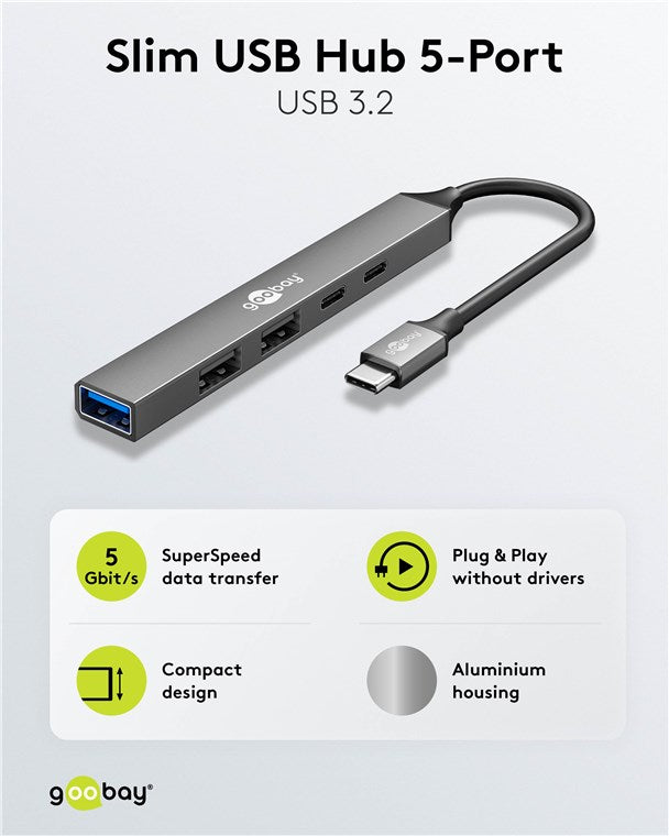 Slimme 5-Poorts USB Hub – USB-C™ naar USB-C™ / USB-A – 5 Gbit/s