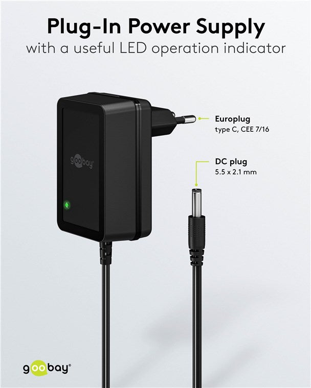Goobay 12V Voedingsadapter (18W / 1.5A) – 5.5 mm x 2.1 mm DC Plug