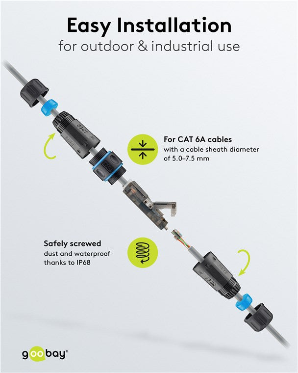 Outdoor LAN Kabelconnector CAT 6A UTP IP68 - Toolless Netwerk Verlengstuk - Goobay