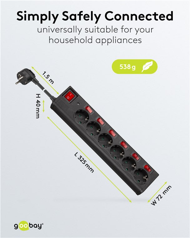Stekkerdoos 6-voudig met overspanningsbeveiliging en 6x schakelaars, 1,5m