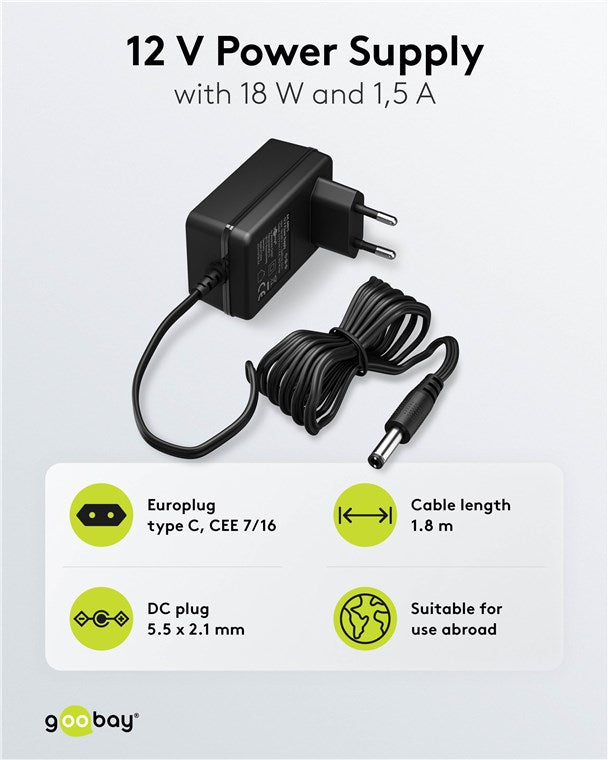 Goobay 12V Voedingsadapter (18W / 1.5A) – 5.5 mm x 2.1 mm DC Plug