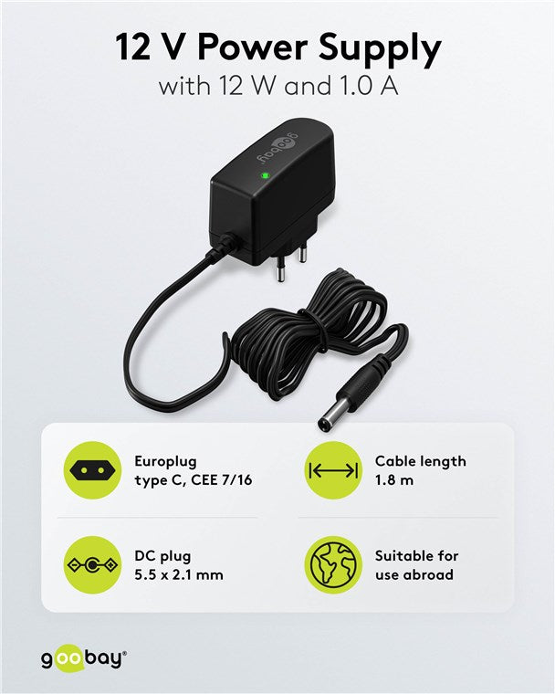 Voedingsadapter 12V / 1A – 5,5 x 2,1 mm DC-plug