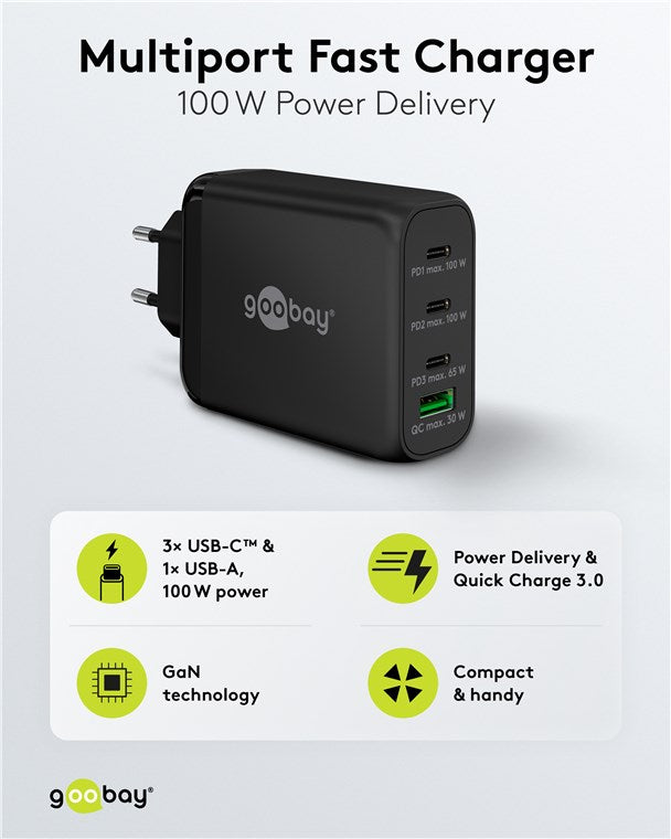 USB-C™ PD GaN Multiport Snellader (100 W)