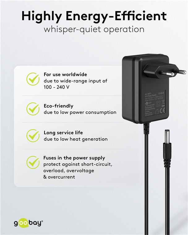 Goobay 12V Voedingsadapter (18W / 1.5A) – 5.5 mm x 2.1 mm DC Plug