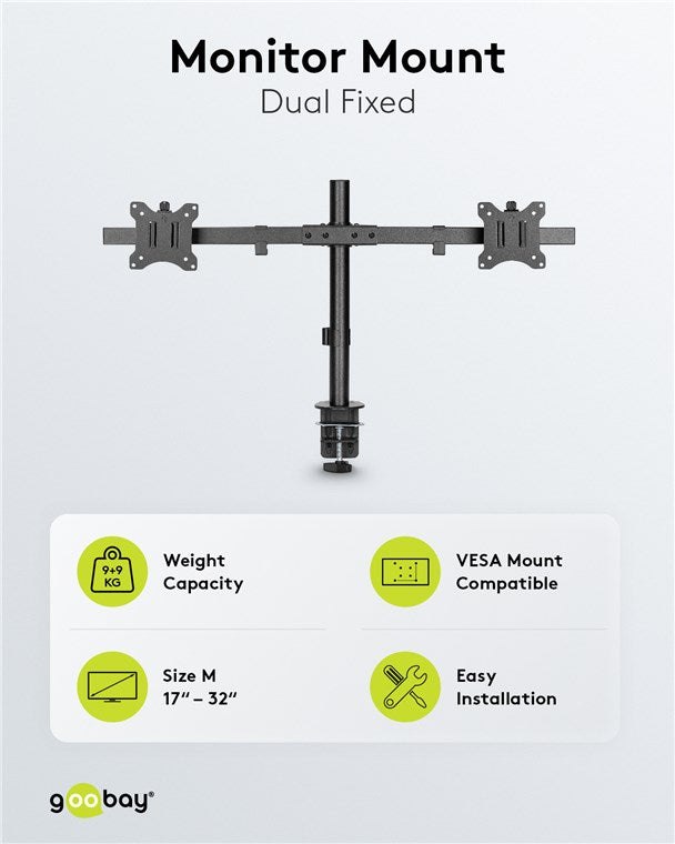 Dubbele Monitorarm Vast – Geschikt voor 17 t/m 32 inch – Zwart