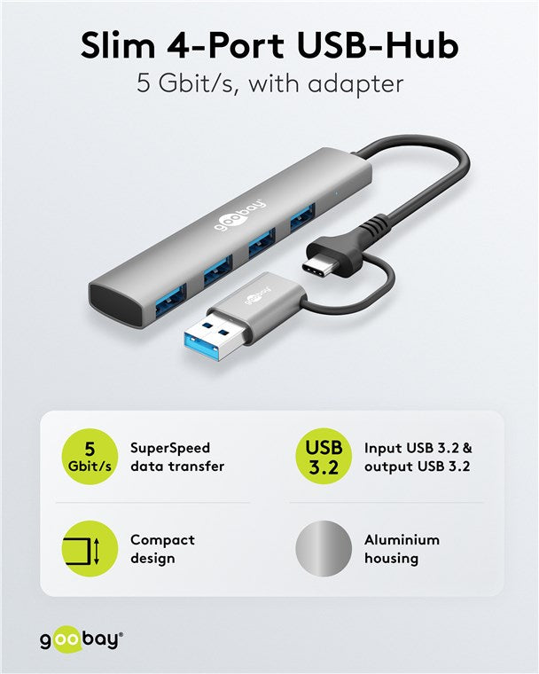 2-in-1 Slimme 4-Poorts USB Hub – 5 Gbit/s