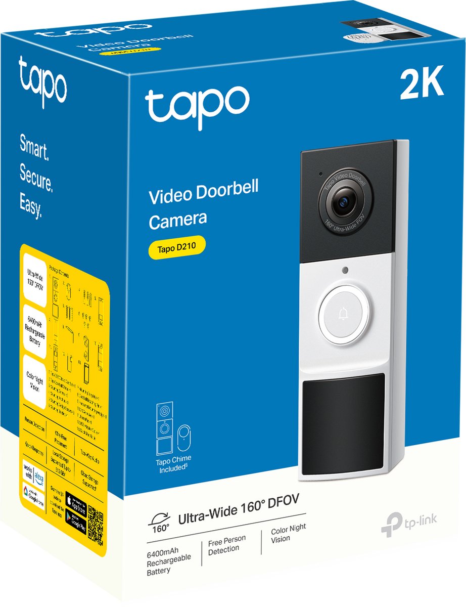 TP-Link Tapo D210 Slimme Video Deurbel – Draadloos – 2K – Inclusief Chime