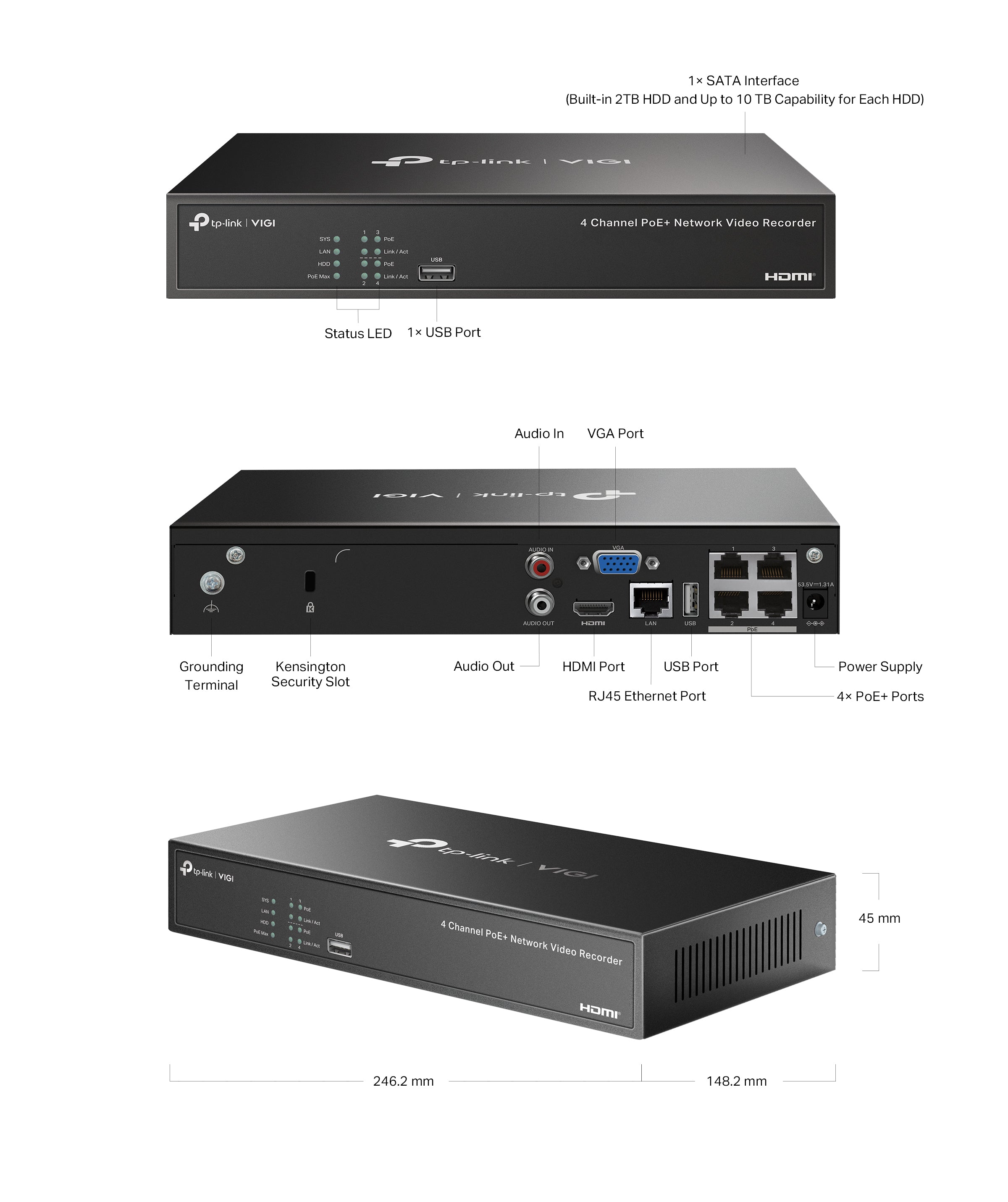 VIGI 1 serie NVR, 1 Harde schijf, 4 kanalen input, 4x PoE - NVR1004H-4P-2TB