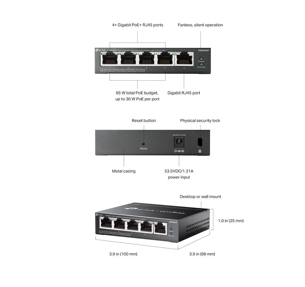TP-Link Omada ES205GP - switch - 5-poorts - Gigabit - Easy Managed - PoE+ - 4x PoE - 65W