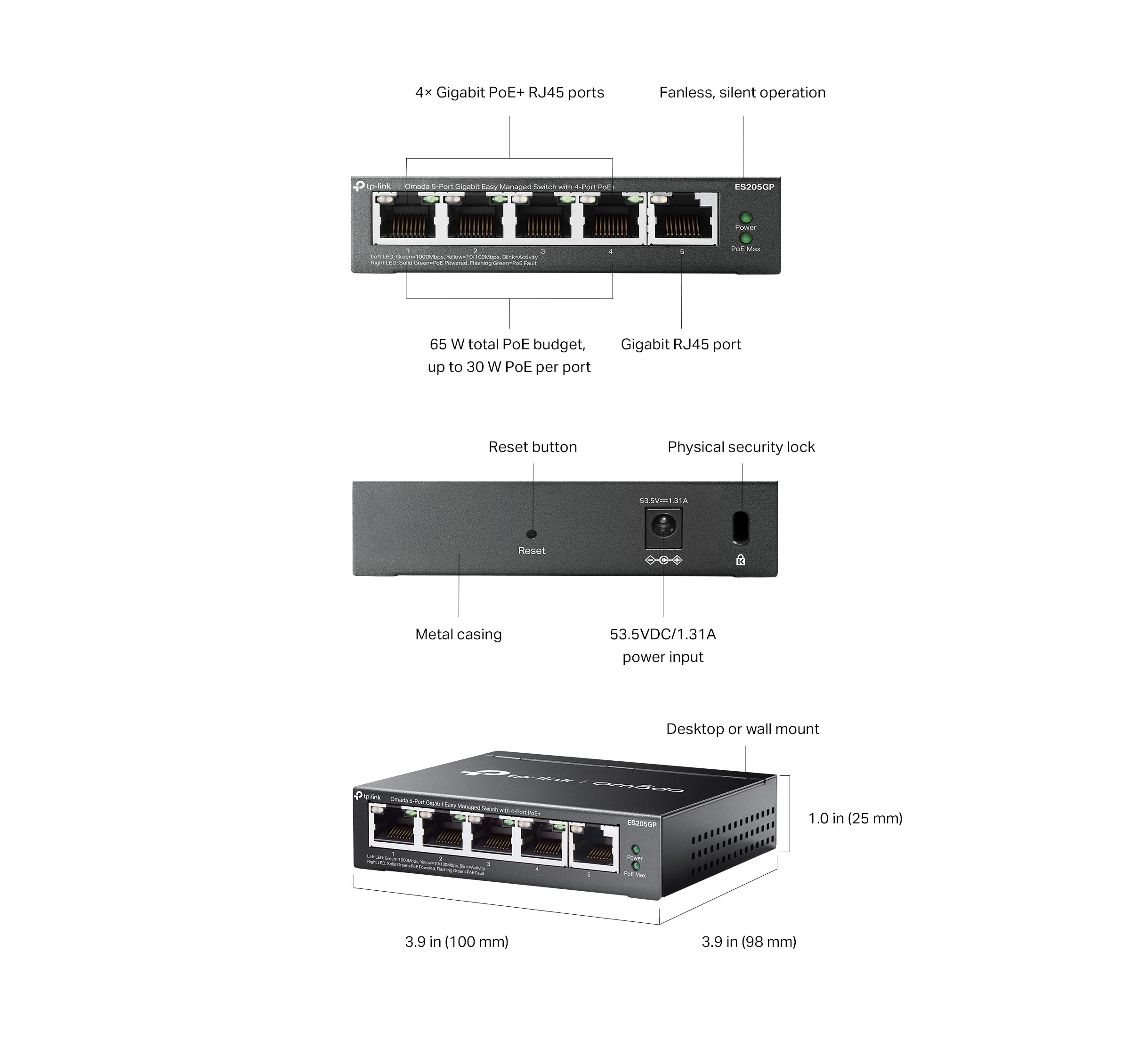 TP-Link Omada ES205GP - switch - 5-poorts - Gigabit - Easy Managed - PoE+ - 4x PoE - 65W