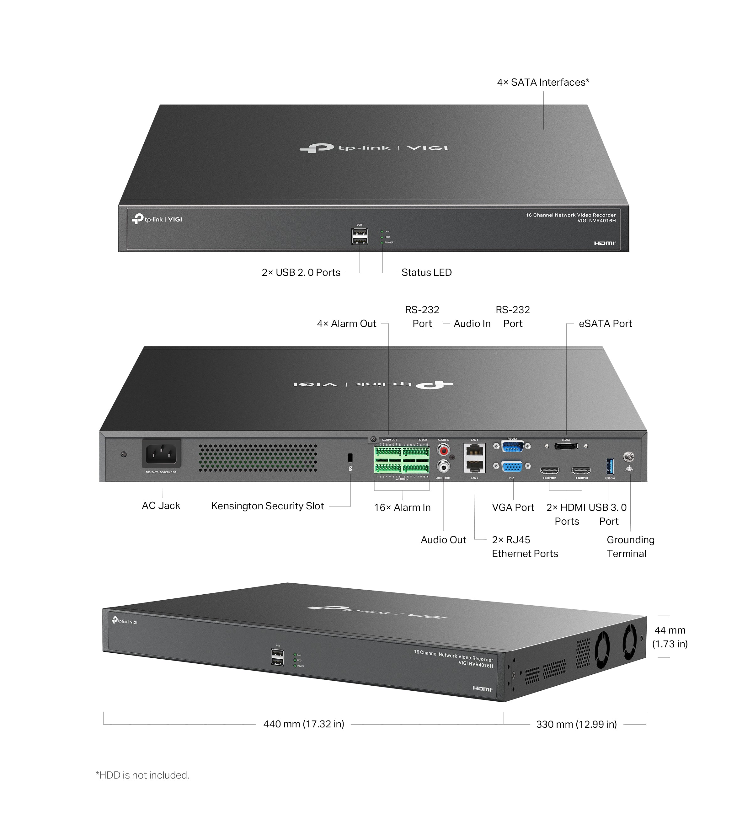 VIGI 4 serie NVR, 4 Harde schijven, 16 kanalen input  - NVR4016H