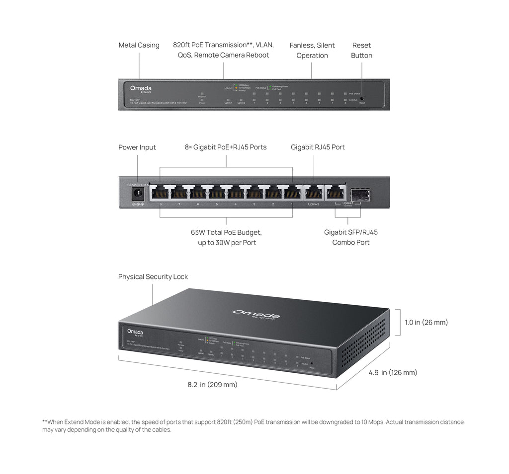 Omada - Switch, 10-Port, 8x PoE+ - Switch ES210GP