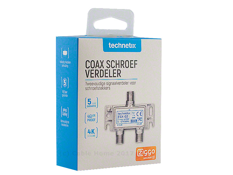 Coaxverdeler 2-weg F-female, geschikt voor interactieve TV (ESX-02-S) - Technetix