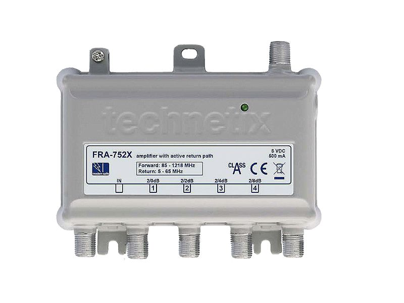Coaxversterker 4x uitgangen tot 8 dB, geschikt voor interactieve TV (FRA75xS) - Technetix