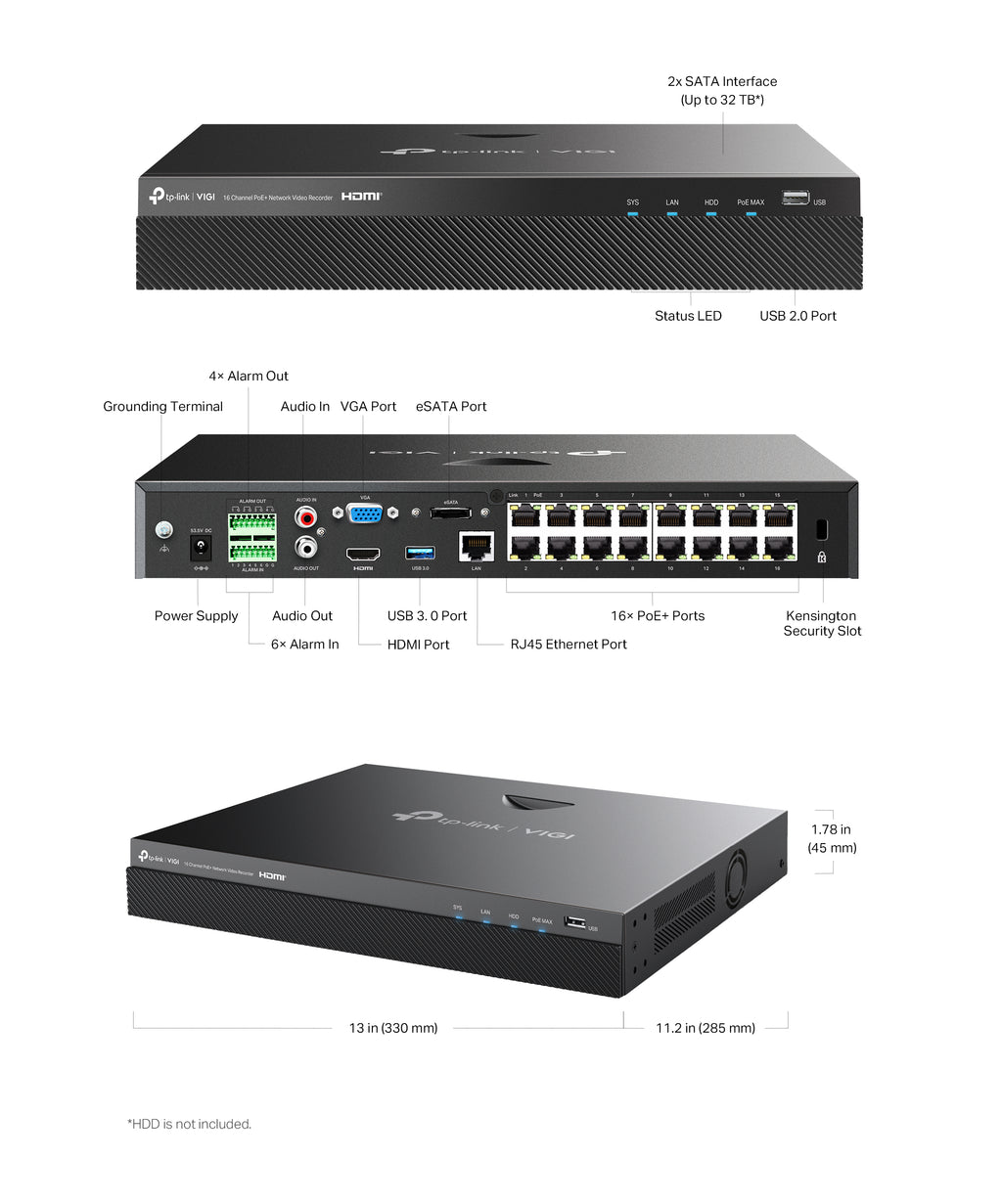 VIGI 2 serie NVR, 2 Harde schijf, 16 kanalen input, 16x PoE - NVR2016H-16P