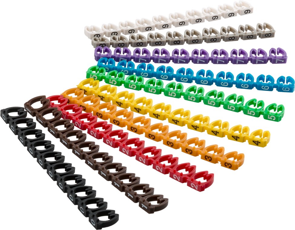 Kabelmarkeerclips "Cijfers 0-9", voor kabeldiameters van 5,6 - 7,4 mm, 10x 10 gekleurde markeerringen