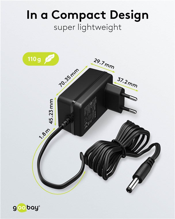 Goobay 12V Voedingsadapter (18W / 1.5A) – 5.5 mm x 2.1 mm DC Plug