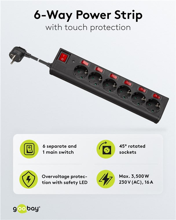 Stekkerdoos 6-voudig met overspanningsbeveiliging en 6x schakelaars, 1,5m